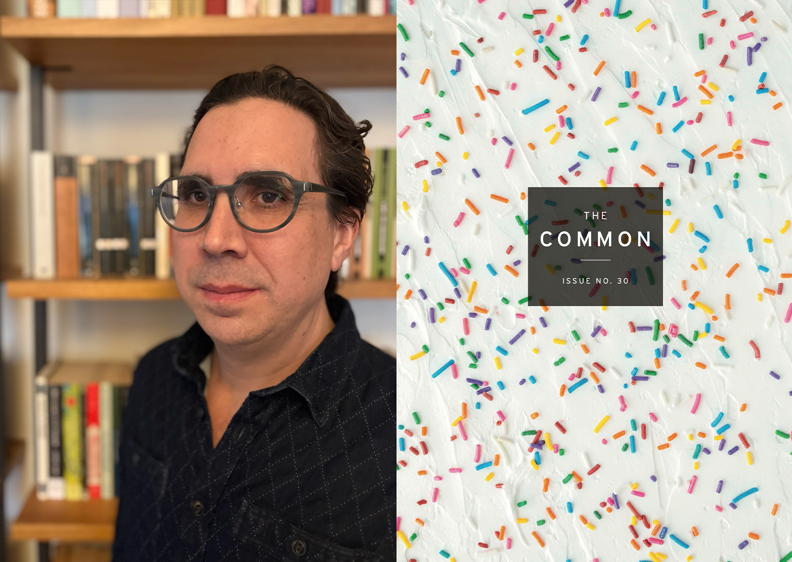 Portrait of Casey Walker in front of a bookshelf spliced next to the cover page of Issue 30