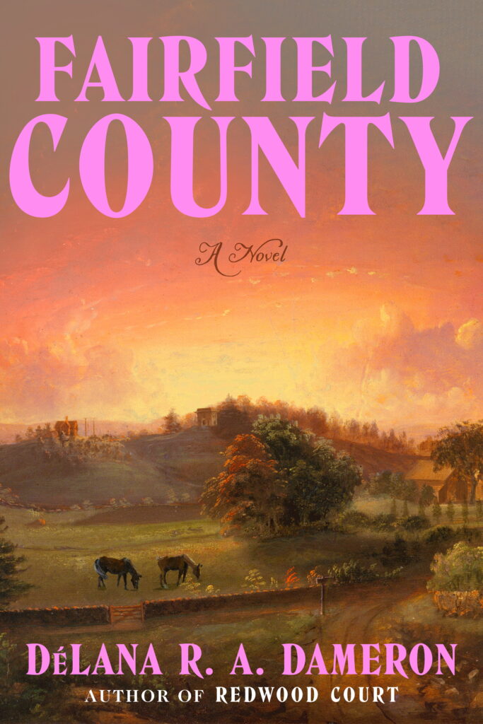 Book cover for Fairfield County: a pink sunset over green fields with dark horses grazing